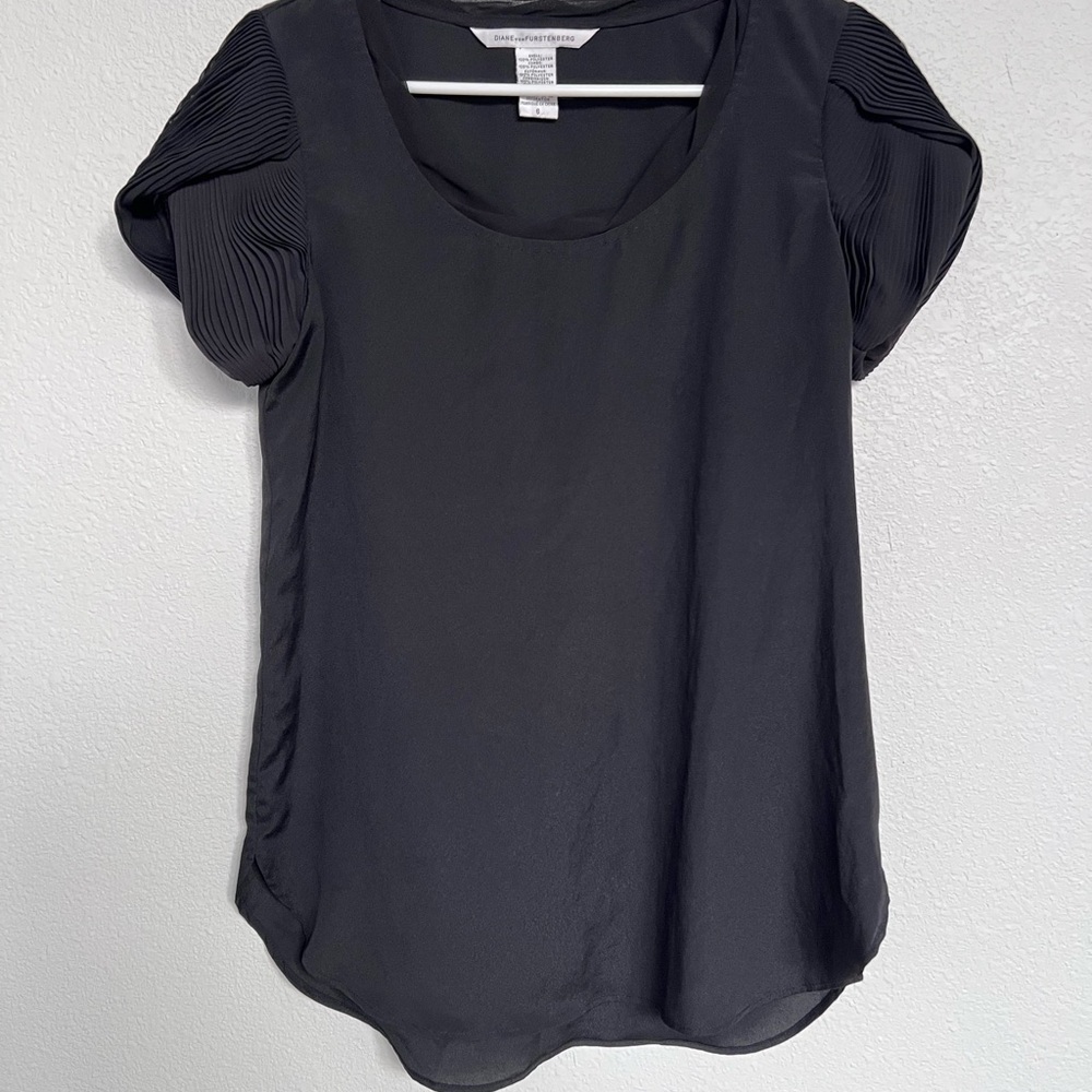 Diane Von Furstenberg Black Blouse with Pleated Sleeves
